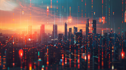 Financial data superimposed on city skyline - obrazy, fototapety, plakaty