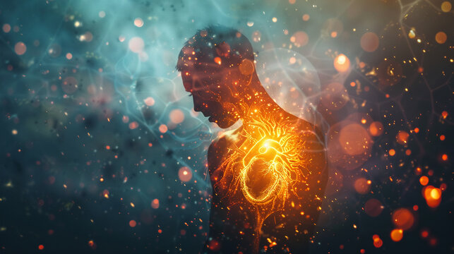 Conceptual image capturing the essence of life within the glowing human heart.