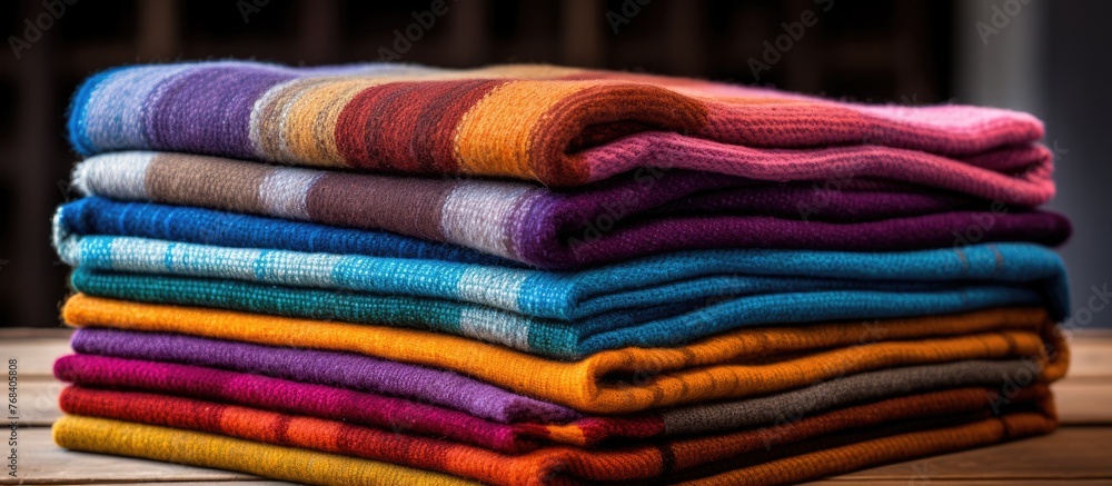 Poster a collection of vibrant towels stacked on a wooden table, creating a colorful display resembling art
