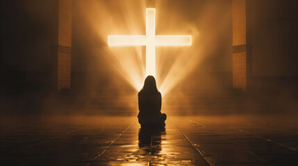 Worshipers silhouette kneeling before a luminous cross - obrazy, fototapety, plakaty