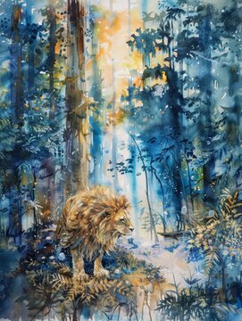 Watercolor painting of a lion sitting in the forest. It is an animal in the tiger and cat family. It is the largest after the Siberian tiger. Use for phone wallpapers, posters or cards.