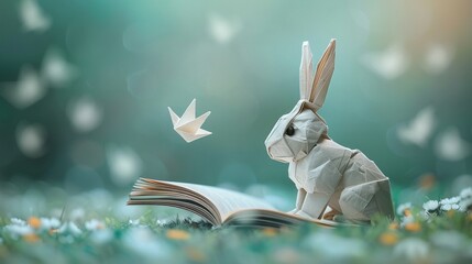 Origami rabbit reading a book