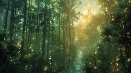 A magical forest filled with tall trees and sparkling streams. The first light of dawn filters through the treetops creating a serene and ethereal scene as it dances on the