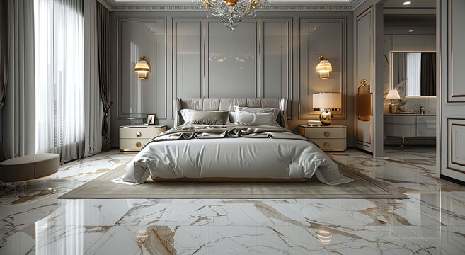 A luxurious bedroom with marble flooring, elegant bed and night stands, in a light grey color scheme, rendered in the style of octane. Created with AI