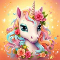 Tuinposter Cute cartoon unicorn with a blue mane and colorful roses on a yellow abstract background. © Boomanoid