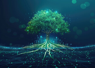 A tree with roots that transform into digital lines and data points, symbolizing the connection between nature's growth patterns and technological advanced communication network technology