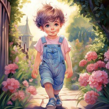 A little boy in a blue overalls walks through a blooming summer garden