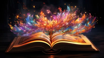 Fototapeten Opened fantasy magic book with rainbow glitter patterns on wooden table © Boomanoid