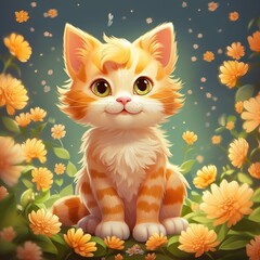 Fototapeta premium Orange Cat Sitting in Field of Flowers