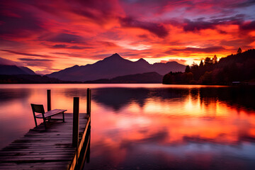 Stunning Display of a Fiery Sunset Over the Peaceful Waters and Majestic Mountain Ranges - A Captivating Visual Treat by DG Designer - obrazy, fototapety, plakaty
