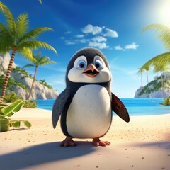Cute surprised penguin on a hot sandy beach.