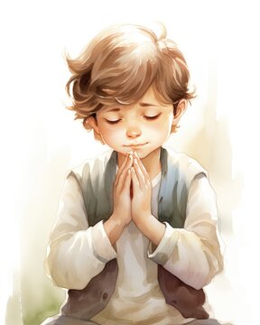 Boy with short wavy hair prays