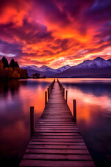 Stunning Display of a Fiery Sunset Over the Peaceful Waters and Majestic Mountain Ranges - A Captivating Visual Treat by DG Designer - obrazy, fototapety, plakaty