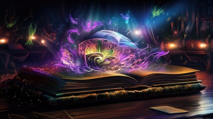 Opened fantasy magic book with rainbow glitter patterns on wooden table