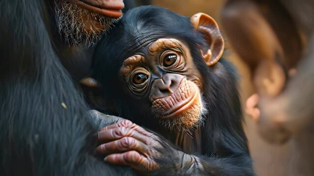 Baby chimpanzee sitting In its mothers arms. 4k video animation
