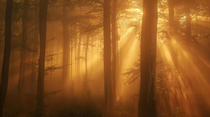 An enchanting, golden hour scene as sunrays pierce through the dense fog of an ancient, whispering forest