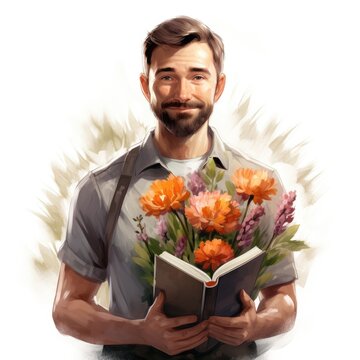 Handsome male teacher with a textbook in his hands and a bouquet of flowers