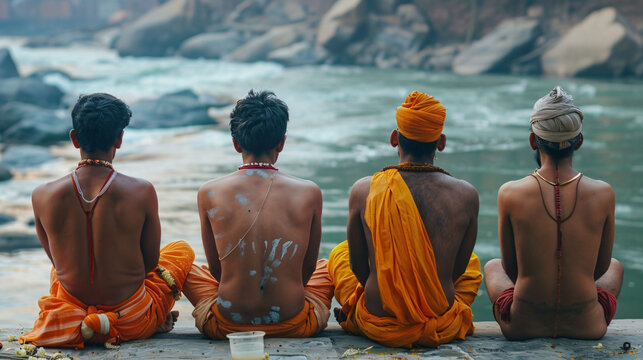 Group of hindu priests praying in front of river ganges.