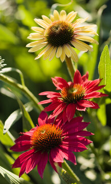 Coneflower Sombrero Tres Amigos and coneflower Yellow Rainbow Marcela. Echinacea purpurea
