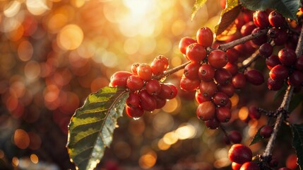 coffee berries, close-up, agriculture, ripe fruit, sunlit, bokeh effect, harvesting, coffee farming, red cherries, plant branch, golden hour, cultivation, freshness, coffee industry, horticulture - obrazy, fototapety, plakaty