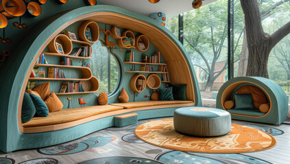 A children's reading nook in the shape of an arch, featuring circular seating and shelves filled with books. The space is decorated in teal tones with round cushions for comfort. Created with Ai - obrazy, fototapety, plakaty