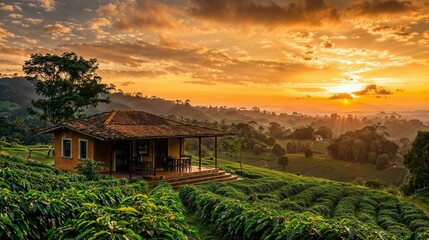 Fototapeta na wymiar sunset, coffee plantation, rural landscape, terracotta roof, countryside, greenery, agriculture, serene, hillside, golden hour, lush foliage, tranquil, panoramic view, eco-tourism, traditional house