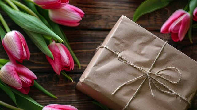 Gift Box with blooming spring tulips for mother's day, valentine, anniversary, and wedding concept 