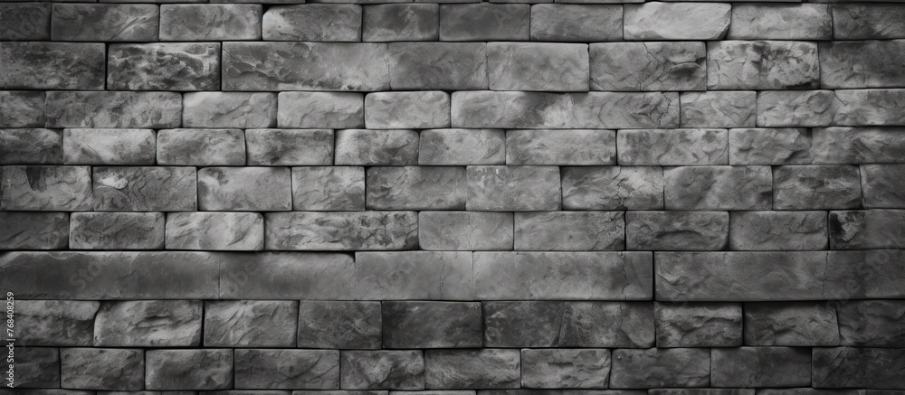 Poster a grayscale image featuring a rectangular stone wall made of bricks. the pattern and texture of the 