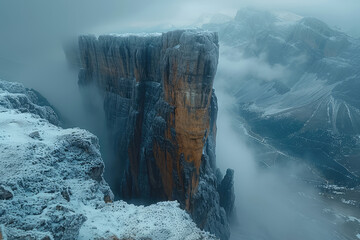 A cliff in the snow, surrounded by mist and clouds, with mountains in the background. The cliff is covered entirely of dark brown rock that glows faintly under heavy fog. Created with Ai