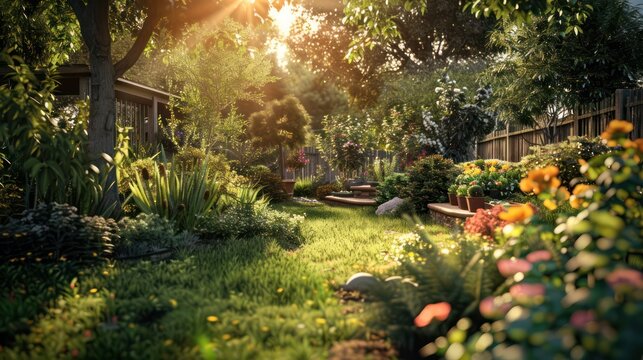 a backyard garden scene where family members spend time tending to plants and enjoying nature, promoting connection with the outdoors and mental rejuvenation.