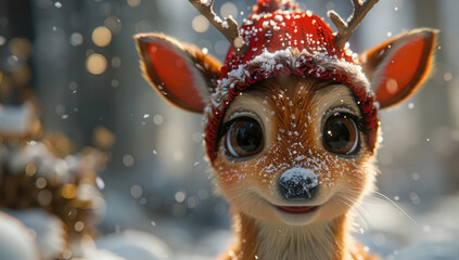 A cute baby deer wearing a red hat, with big eyes and long eyelashes smiling at the camera. Created with Ai