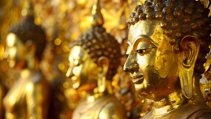  a row of golden Buddha statues in front of a wall. The statues vary in size and detail - obrazy, fototapety, plakaty