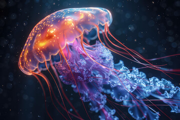 A glowing jellyfish with vibrant colors, set against the dark background of an ocean depth. Created with Ai