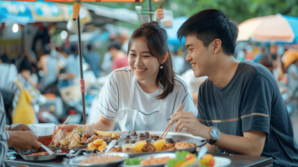Naklejka premium A young Asian couple eating at a street market, grilled food