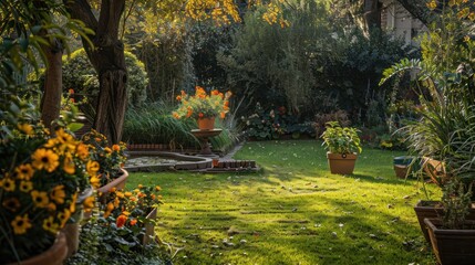 a backyard garden scene where family members spend time tending to plants and enjoying nature, promoting connection with the outdoors and mental rejuvenation. - obrazy, fototapety, plakaty