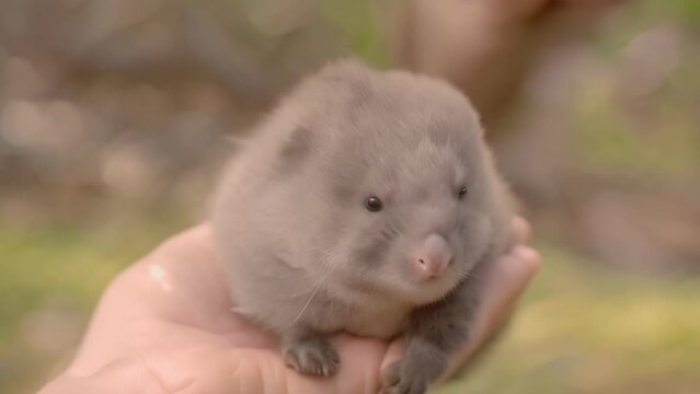 Baby common wombat held in human hand. 4k video animation