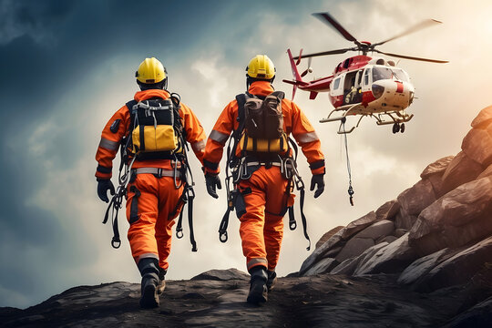 Two paramedics with safety harnesses and climbing equipment ran to the helicopter emergency medical service. Themes: rescue, help and hope