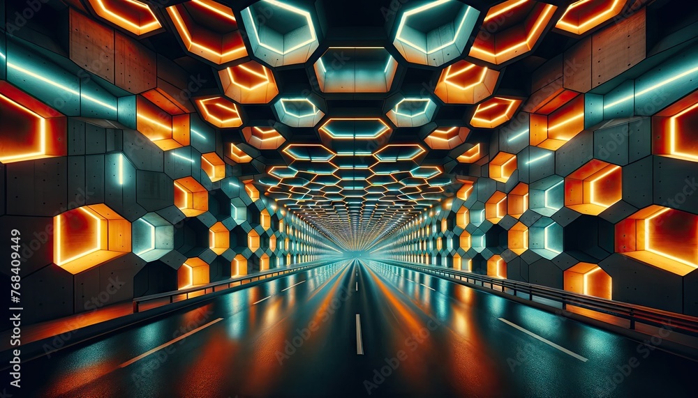 Poster futuristic tunnel illuminated by hexagonal lights in vibrant hues creating a high-speed effect, tunn