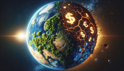 conceptual illustration of earth with one half flourishing in greenery and the other burning with financial symbols, earth, world, global, finance, economy, money, greenery, nature, environmental - obrazy, fototapety, plakaty