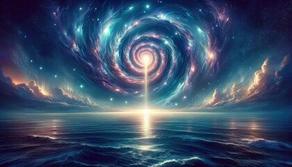 mystical cosmic vortex above tranquil sea depicting an interstellar gateway with spiraling nebula clouds and shining stars, cosmic, vortex, sea, tranquil, interstellar, gateway, spiral, nebula, clouds - obrazy, fototapety, plakaty