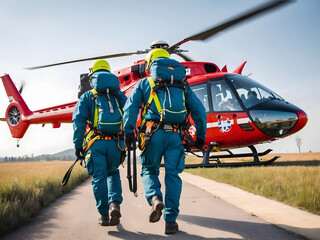 Two paramedics with safety harnesses and climbing equipment ran to the helicopter emergency medical service. Themes: rescue, help and hope