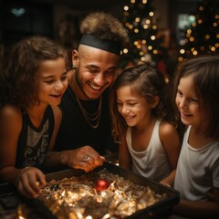 Naklejka premium A man and three children smile while looking at a tray of Christmas lights