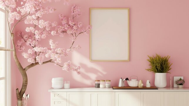 Mockup frame. Cherry Blossom Tree Interior. Kitchen Home Interior. 3d render