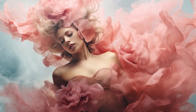 a young woman immersed in a haze of smoke, adorned with blooming flowers that gracefully conceal her face and body, evoking a sense of mystery and beauty.