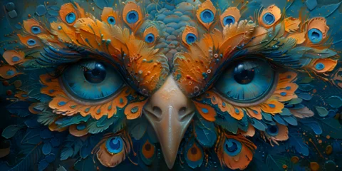 Foto auf Alu-Dibond Painting of an owl with a blue head and blue eyes Brightly colored owl with ornate feathers and a blue eye.AI Generative © hafsa