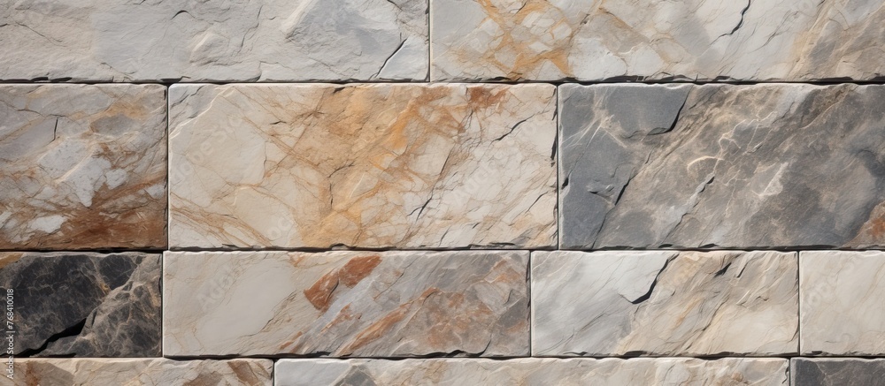 Aufkleber a close up of a rectangular beige marble tile wall. the pattern of the composite material creates a 