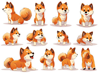 Fototapeta premium set of cartoon dogs, cute shiba inu dogs