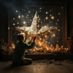 A boy kneels before a Christmas star in a window, gazing up at the sky in awe - obrazy, fototapety, plakaty