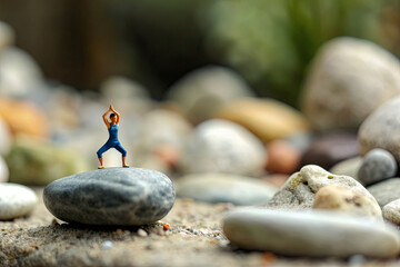 Miniature people doing yoga on small stones