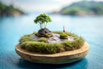 Miniature people doing yoga on a tiny island